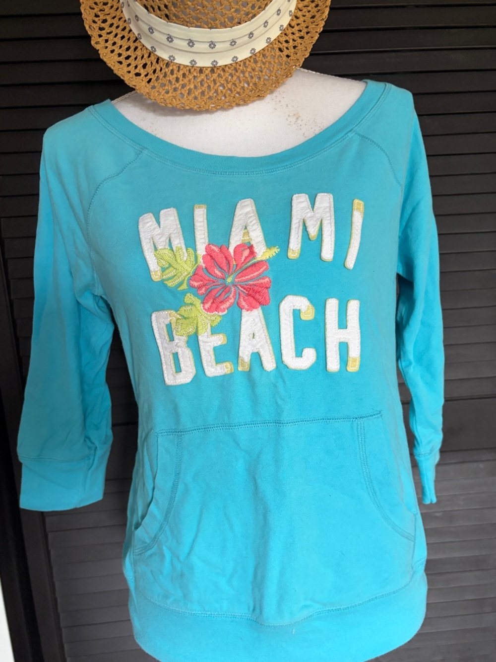 Old Navy Turquoise "Miami Beach" Pullover Sweatshirt with Floral Applique